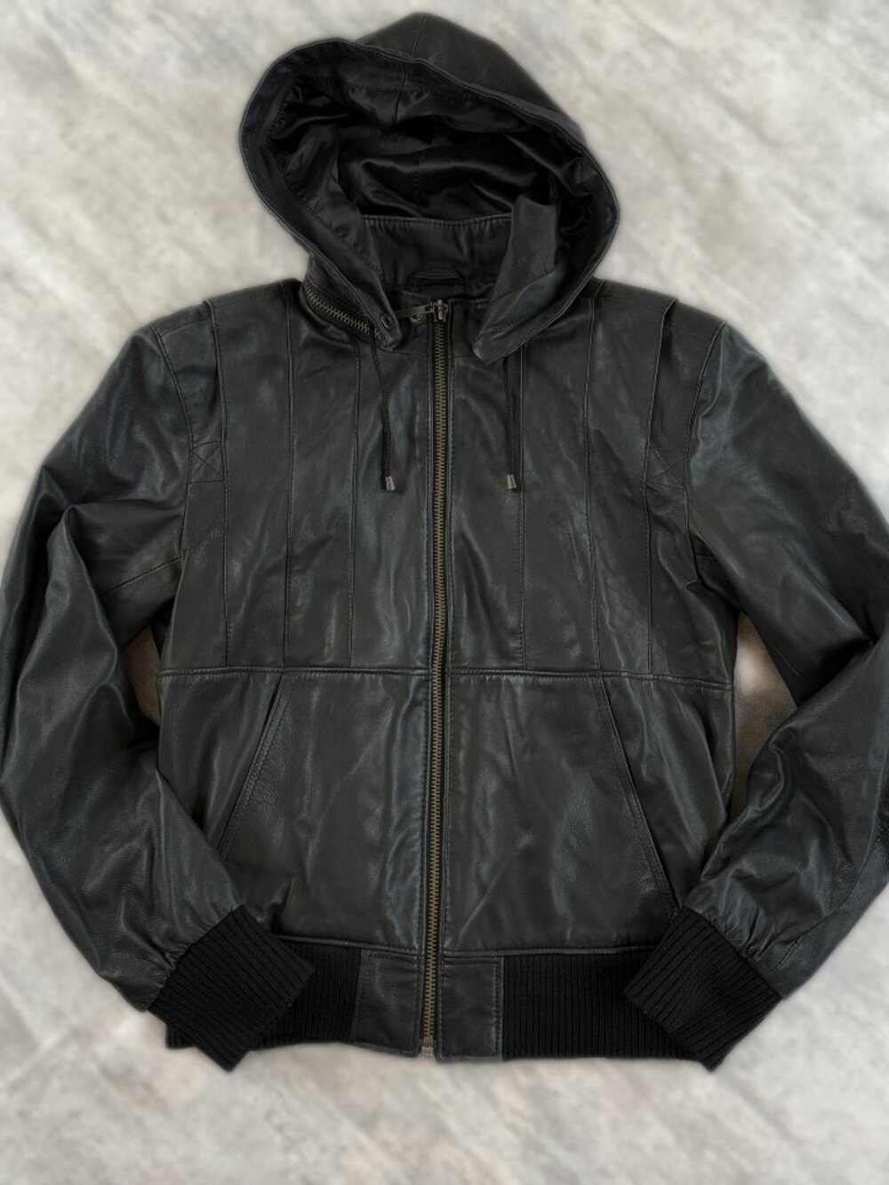 Black Leather Hooded Bomber Jacket ERIK HART Size S Unisex Zip Up Sz S - Picture 1 of 15